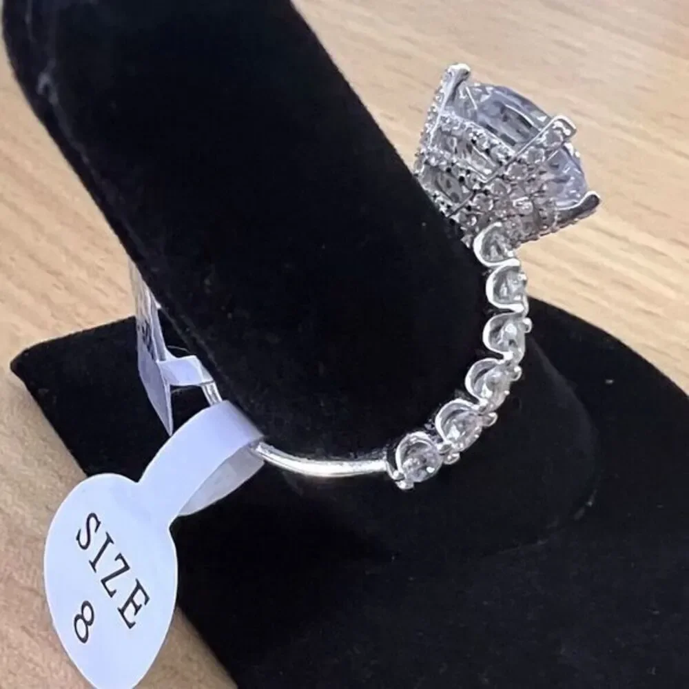 925 Sterling‎ Silver | CZ Luxury Solitaire Ring Women's Size 8 Rhodium Finish